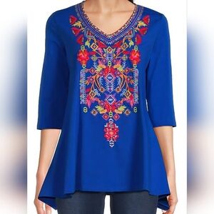 Calessa Embroidered Boho Top Sz L Blue NWT